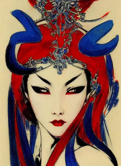 Image similar to portrait of muscular korean vampiress, jeweled veil, blue and red, strong line, saturated color, beautiful! coherent! by frank frazetta, high contrast, minimalism