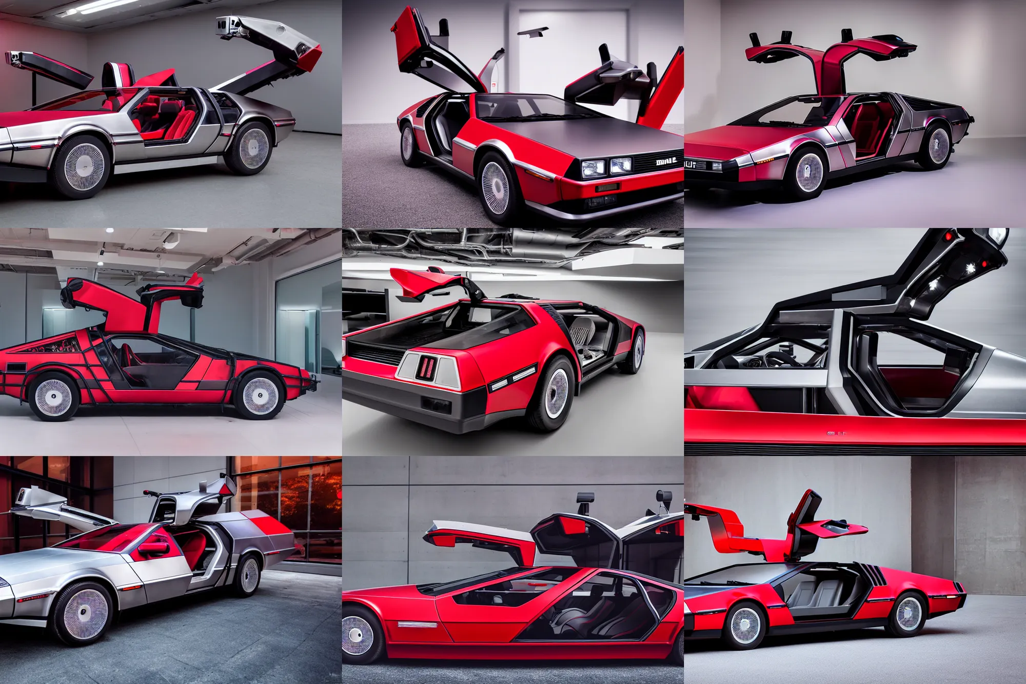 Prompt: delorean futuristic concept car, ruby red, gull - wing doors open, professional showroom photography, ambient lighting