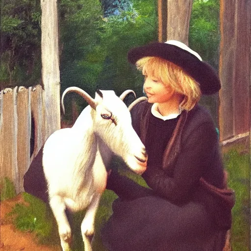 Prompt: Molly Sandén petting a goat at Skansen, oil painting