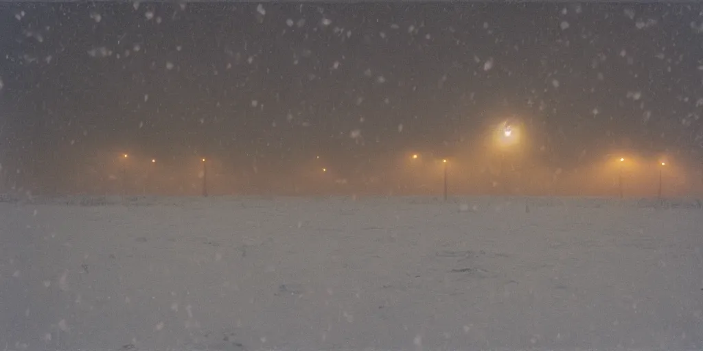 Prompt: photo of mongolian steppe during a snowstorm. three oil derricks in midground. cold color temperature. blue hour morning light, snow storm. hazy atmosphere. humidity haze. kodak ektachrome, greenish expired film, award winning, low contrast.