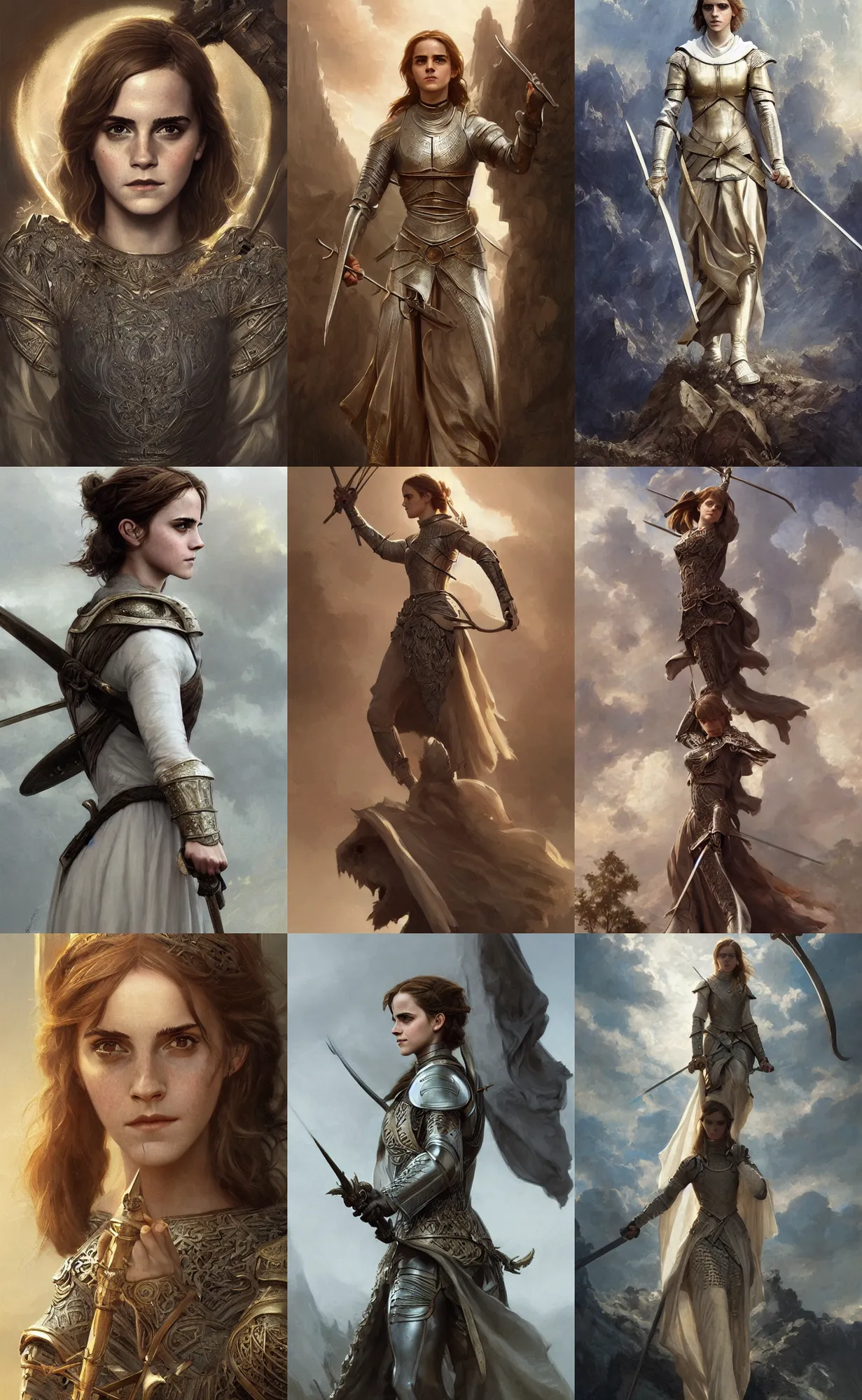 Prompt: Emma Watson as Joan of Arc, intricate, elegant, highly detailed, digital painting, artstation, concept art, smooth, sharp focus, illustration, art by and greg rutkowski and aleksi briclot and bouguereau