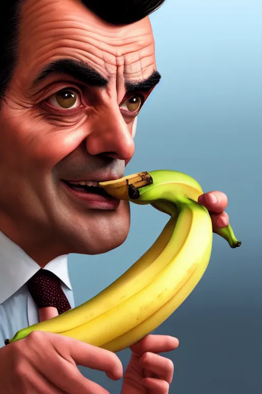 Prompt: Mr Bean eating a banana, wide angle, super highly detailed, professional digital painting, artstation, concept art, smooth, sharp focus, no blur, no dof, extreme illustration, Unreal Engine 5, Photorealism, HD quality, 8k resolution, cinema 4d, 3D, beautiful, cinematic, art by artgerm and greg rutkowski and alphonse mucha and loish and WLOP