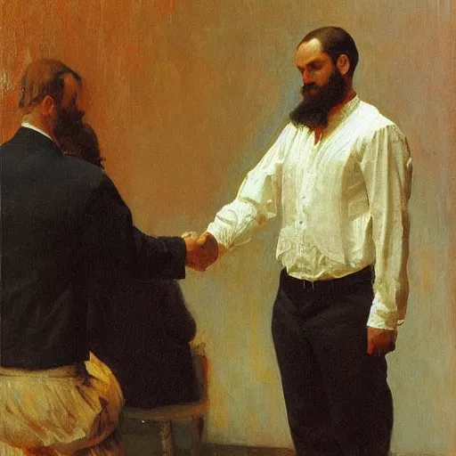 Prompt: Shaking hands, vertical symmetry, close up shot, detailed hands, beautiful moody artwork by Ilya Repin and Asher Duran