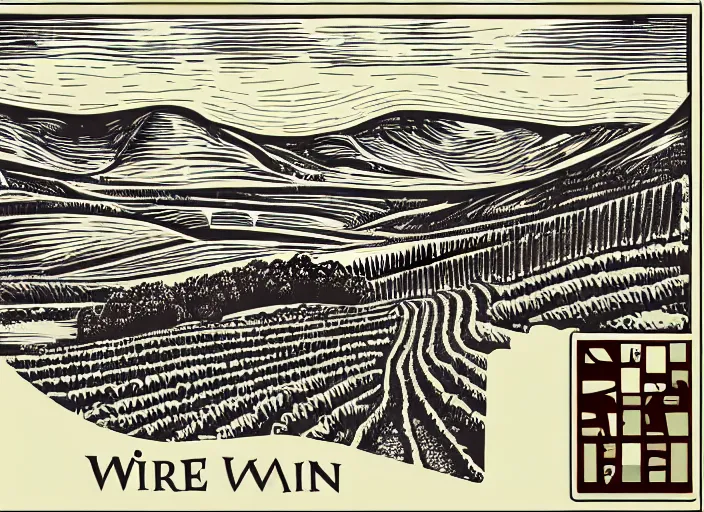 Prompt: wine label, vector graphic, linocut vineyard landscape by greg rutkowski, fine details, highly detailed