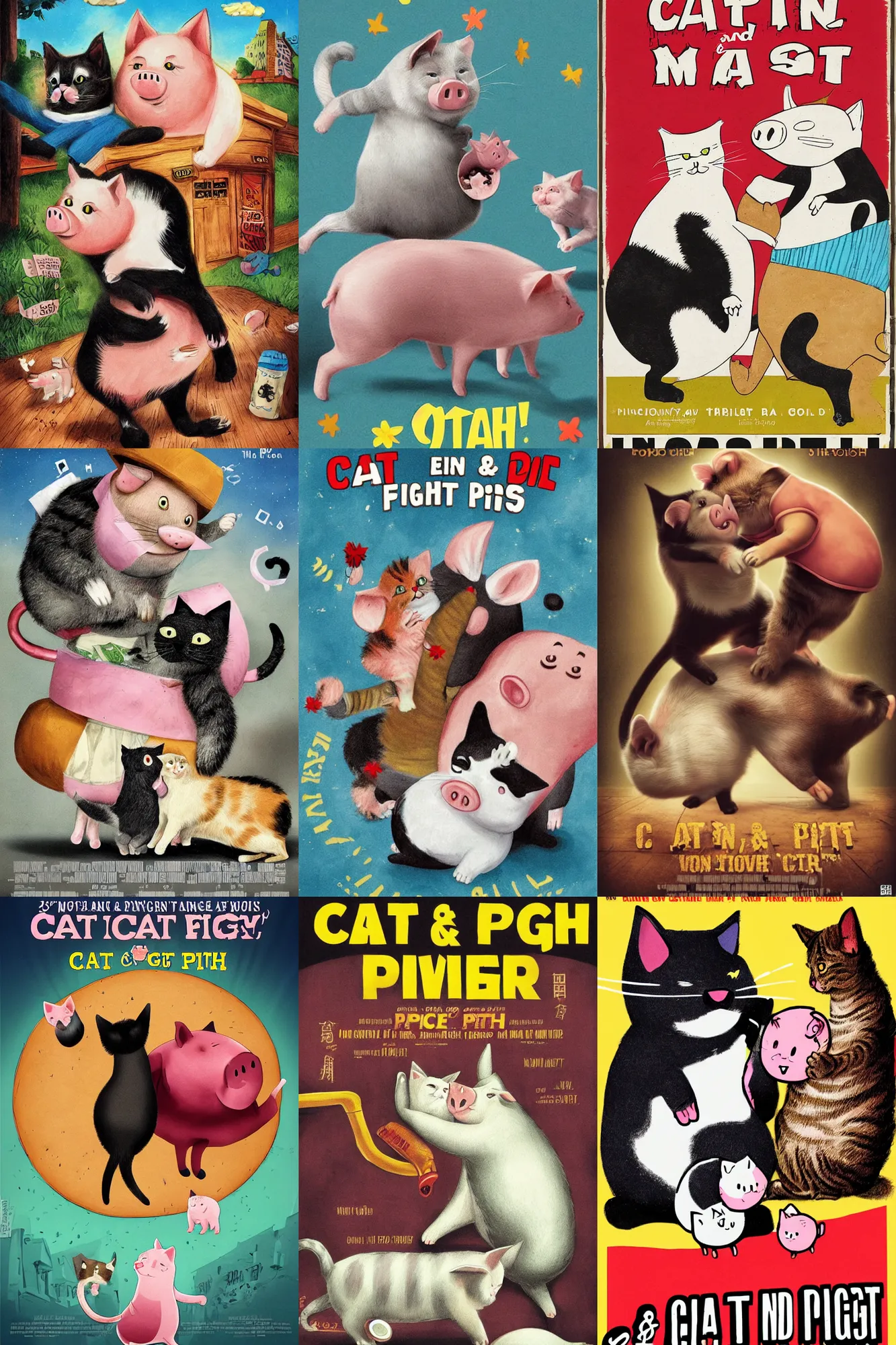 Prompt: cat and pig fight with each other, movie poster