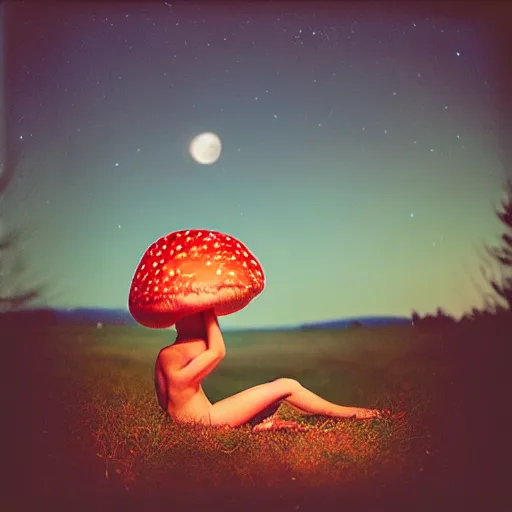 Prompt: photograph taken by a rolleiflex tlr, 1 2 0 mm, portrait, a fly agaric mushroom shaped like a human, meditating, sunset, shot by ryan mcginley, moon in sky, night time