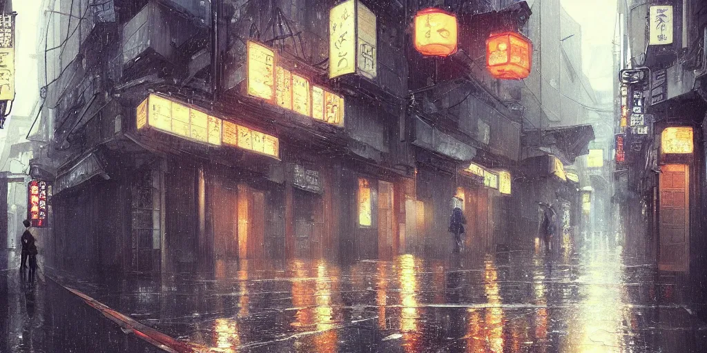 Image similar to a painting of a rain soaked back street in osaka, digital art, trending on artstation, by studio ghibli and greg rutkowski. spirited away. trending on artstation, hyperrealism, unreal engine