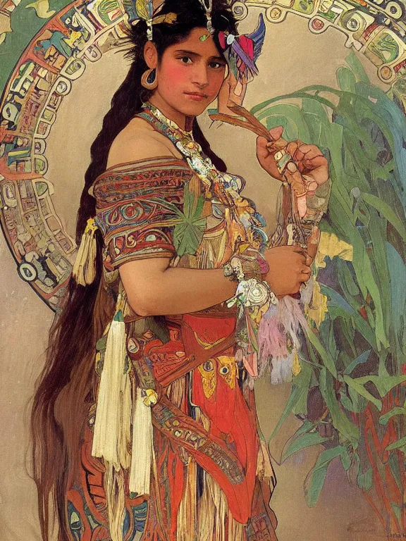 Image similar to an art nouveau painting of a pretty young native mayan woman dressed in a traditional, modest coat of beads and feathers and an elaborate headdress, in front of an aztec calendar, by alphonse mucha and james gurney and john william waterhouse