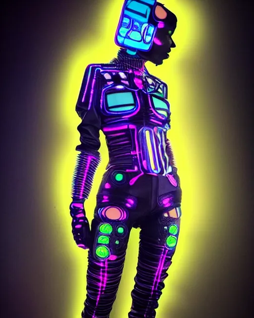 Image similar to full body shot of young punk woman dressed in futuristic cyberpunk clothing, colorful, night, soft light, bjork aesthetic, translucent, by rineke dijkstra and artgerm, intricate details, highly detailed, masterpiece, 8 5 mm