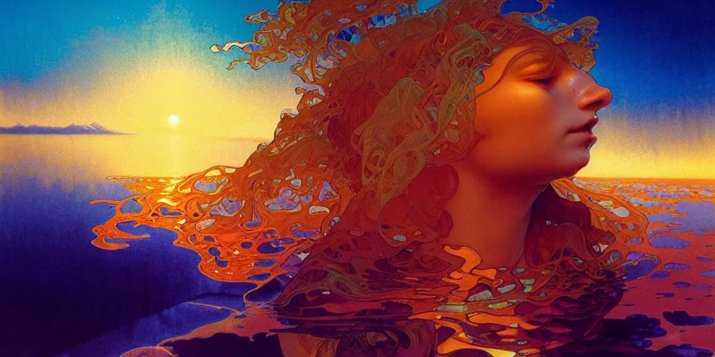 Image similar to transcendent mind bending indigo waves of glossy psychedelic liquid honey flowing like kaleidoscopic translucent amber, lsd waves, honey ripples, enlightenment, dramatic professional lighting, refracted sunset lighting, art by collier, albert aublet, krenz cushart, artem demura, alphonse mucha