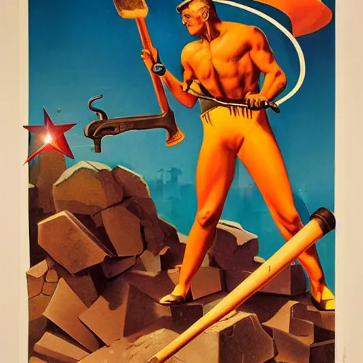 Image similar to art deco propaganda poster of robert mueller destroying wall with sledgehammer by j. c. leyendecker, bosch, lisa frank, jon mcnaughton, and beksinski