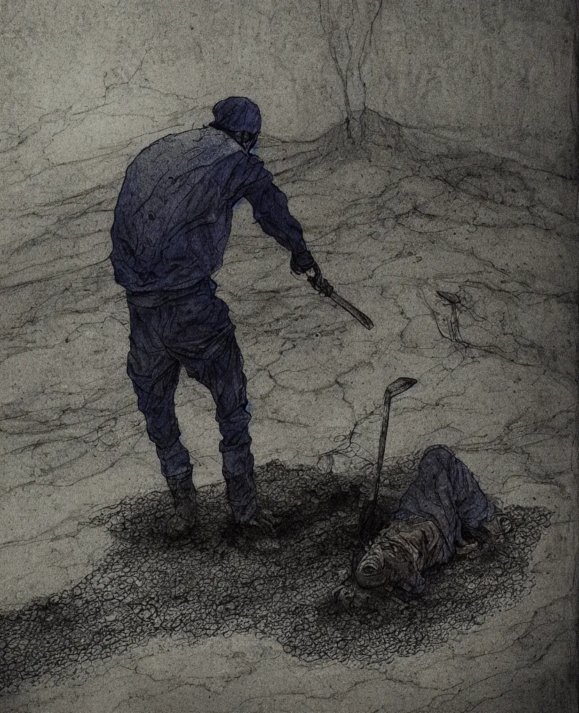 Image similar to a mournful man with a shovel standing digging up a dead body in it, subtle blue, orange, and dark green tones, high quality, high detail, dark colors, sinister atmosphere, dramatic lighting, cinematic, establishing shot, extremely high detail, photo realistic, cinematic lighting, pen and ink, intricate line drawings, by Yoshitaka Amano, Ruan Jia, Kentaro Miura, Artgerm, post processed, concept art, artstation, matte painting, style by eddie mendoza, raphael lacoste, alex ross