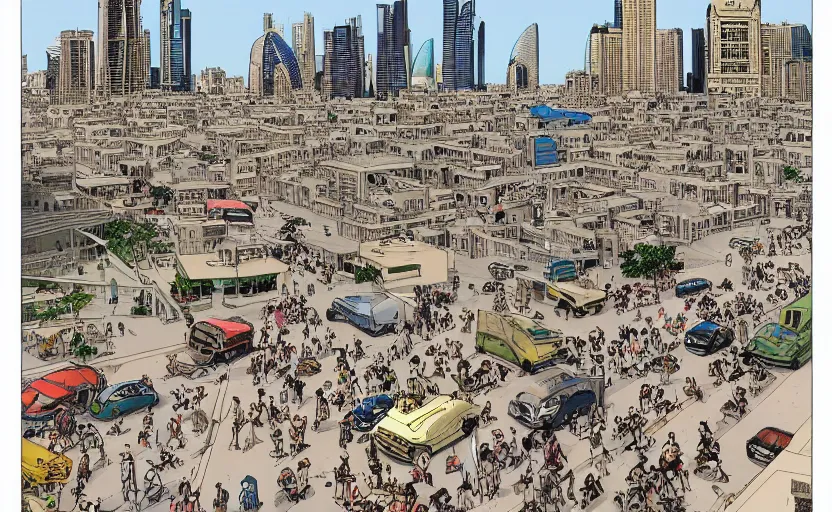 Image similar to the busy streets of abu Dhabi, art by geoff Darrow, high quality, extremely detailed,