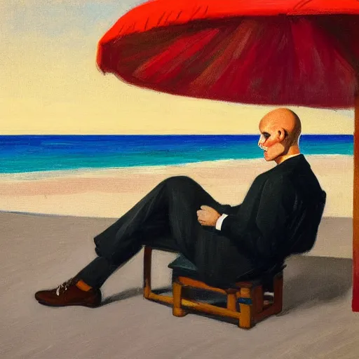 Image similar to a portrait painting of a man in a suit and a skull as his head sitting by the beach, 1 9 5 0 ad campaign, in the style of edward hopper, in the style of edward hopper and david hockney, 4 k,