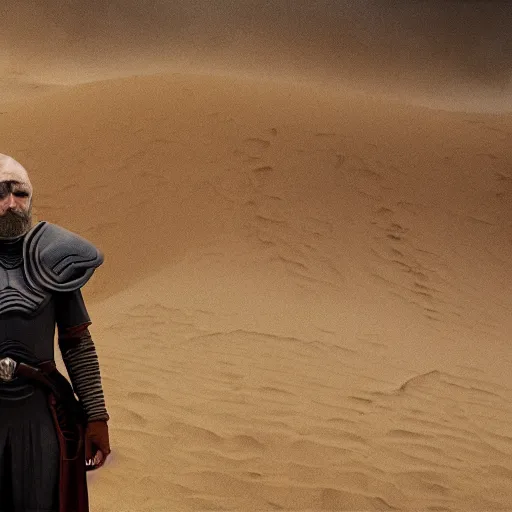 Image similar to the dwarves from the Dune movie by Denis Villeneuve, highly detailed photorealistic cinematic photoshot, high quality light postprocessing