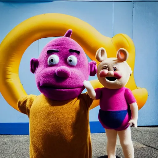 Image similar to a Bruised and sad Teletubby with a bloody nose, standing next to a laughing Teletubby holding a beer
