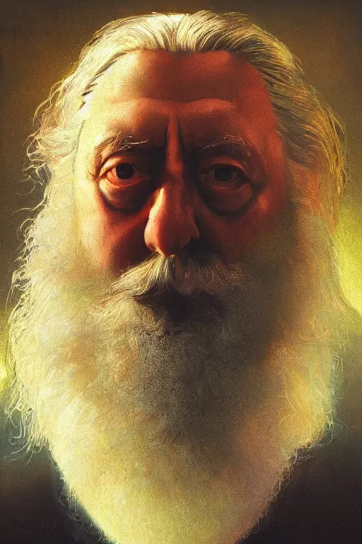 Prompt: a close-up portrait of Alan Moore, dramatic backlighting, golden hour, autochrome, high contrast, highly detailed, sharp focus, digital painting, concept art, illustration, rock, chiaroscuro, trending on artstation, art by greg rutkowski and michelangelo, composition by Raphael and Caravaggio