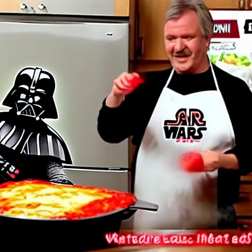 Image similar to darth vader cooking lasagna, cooking show