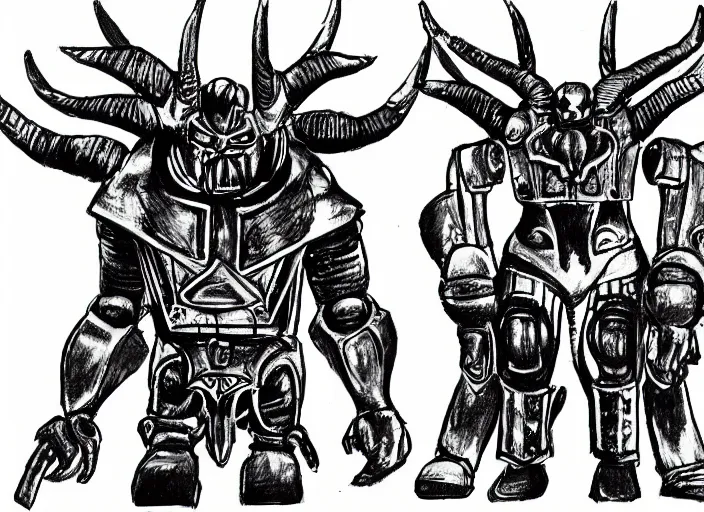 Image similar to professional basic drawings of evil warlord robot with horns