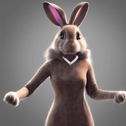 Image similar to beautiful fit furry female anthropomorphic rabbit wearing dress, full body, ultra realistic, vray, 5 5 mm