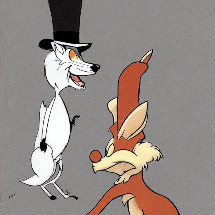 Image similar to concept art of a fox in a top hat talking to an angry rabbit by Don Bluth.