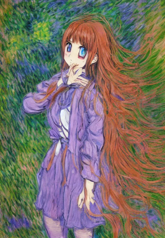 Prompt: wide angle portrait of a teenage girl, a thrifty outfit, somewhat of an anime in impressionist style, fantasy forest background, trending artwork, illustrated in anime painter studio, by claude monet and an anime artist, collaboration