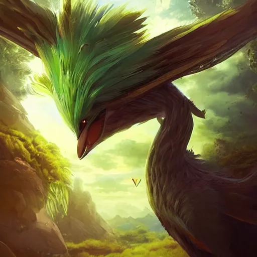 Prompt: a cute beautiful earth type pokemon, green feathers bursting out of his hair, full body shot, highly detailed digital art, 3 d perspective, award - winning illustration, aesthetic, smooth, pokemon style, made by greg rutkowski, with an alien landscape in the background