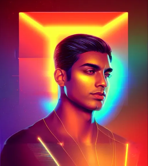 Image similar to symmetry!! indian prince of technology, solid cube of light, hard edges, product render retro - futuristic poster scifi, lasers and neon circuits, brown skin handsome indian prince, intricate, elegant, highly detailed, digital painting, artstation, concept art, smooth, sharp focus, illustration, dreamlike, art by artgerm