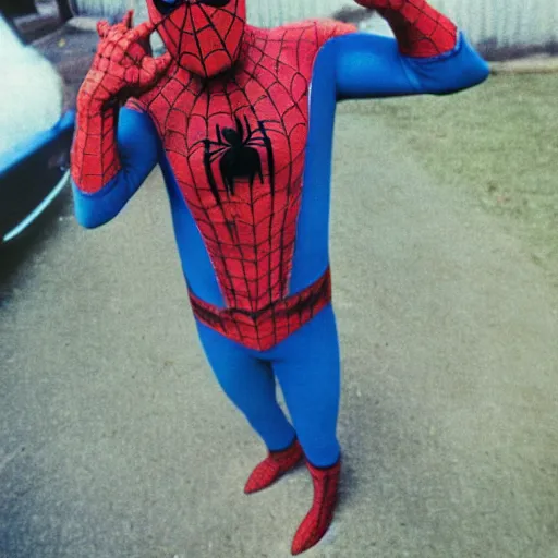 Image similar to 1970s colour polaroid of jimmy tarbuck as spider man without a mask on a british council estate