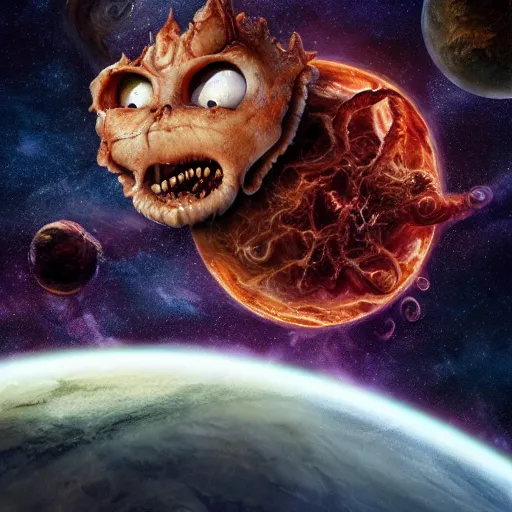 Image similar to one eldritch horror bloody garfield in space, galaxy, hd, 8 k, cinema footage, giant, epic, realistic photo, unreal engine, stars, prophecy, powerful, cinematic lighting, destroyed planet, debris, violent, sinister, ray tracing, dynamic, print, epic composition, dark, horrific, teeth, grotesque