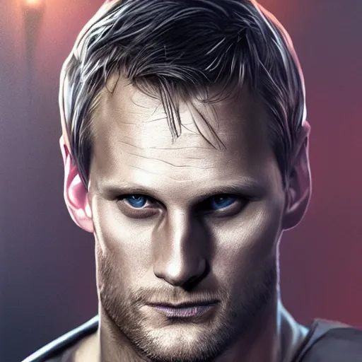 Image similar to alexander skarsgard portrait, dystopia core, apocalyptic, armor, warrior, dramatic, sharp focus, fiction, neon, fantasy, hyper detailed, digital art, trending in artstation, cinematic lighting, studio quality, smooth render, unreal engine 5 rendered, octane rendered, art style and nixeu and wlop and krenz cushart