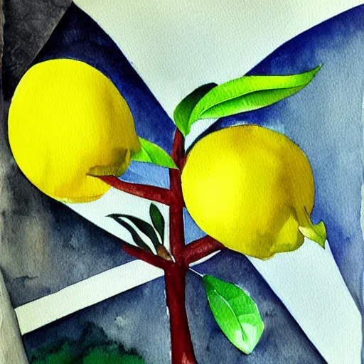 Image similar to surrealist lemon tree, trending on artstation, watercolor painting, cubism