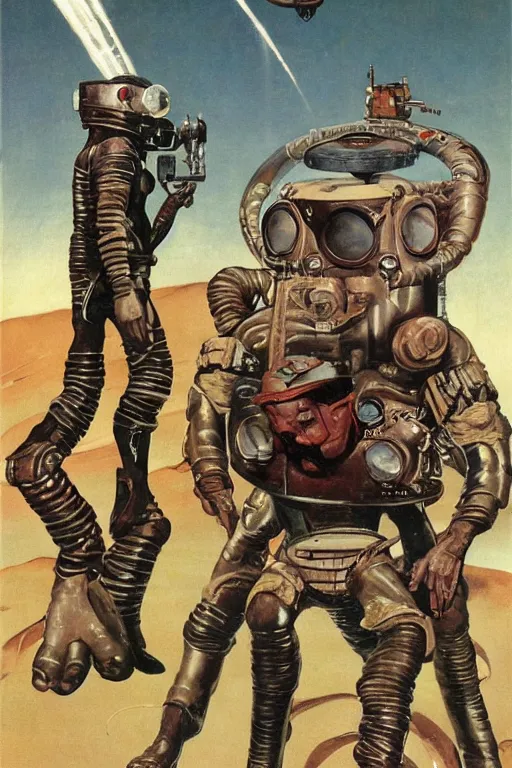 Prompt: 5 0 s pulp scifi fantasy illustration full body portrait enormous cyclops in leather spacesuit on mars, by norman rockwell, roberto ferri, daniel gerhartz, edd cartier, jack kirby, howard v brown, ruan jia, tom lovell, frank r paul, jacob collins, dean cornwell, astounding stories, amazing, fantasy, other worlds