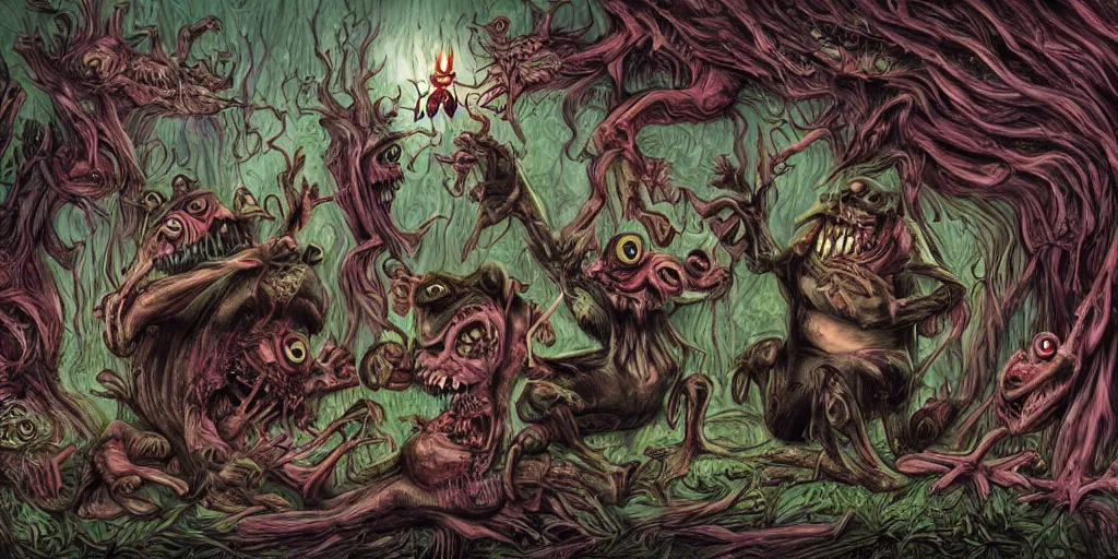 Image similar to a dark ritual performed by evil frogs from alice in wonderland, hyper - detailed, expression, energetic, horror, creepy, scary, digital art