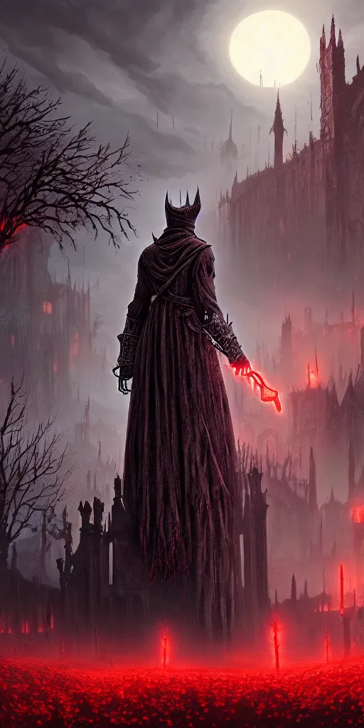 Image similar to abandoned bloodborne old valley with a person at the centre and a ruined gothic city at the end, trees and stars in the background, falling red petals, epic red - orange moonlight, perfect lightning, wallpaper illustration by niko delort and kentaro miura, 4 k, ultra realistic