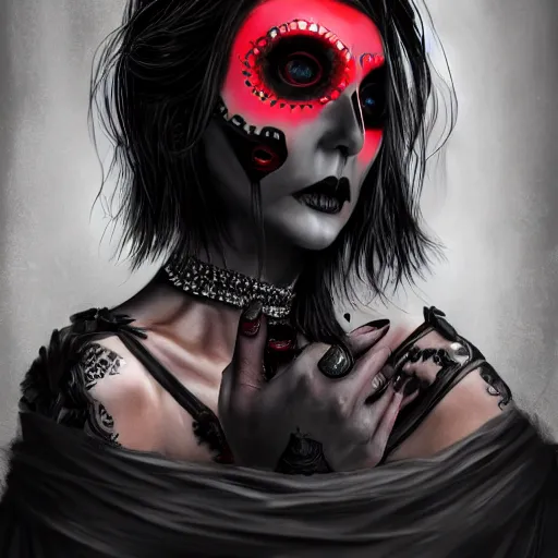 Prompt: Goth woman. holding a red and black skull with diamond shaped eye holes with the top cut off in one hand up to her face like hamlet. kodachrome, high contrast, highly detailed, sharp focus, digital painting, concept art, illustration, trending on artstation,