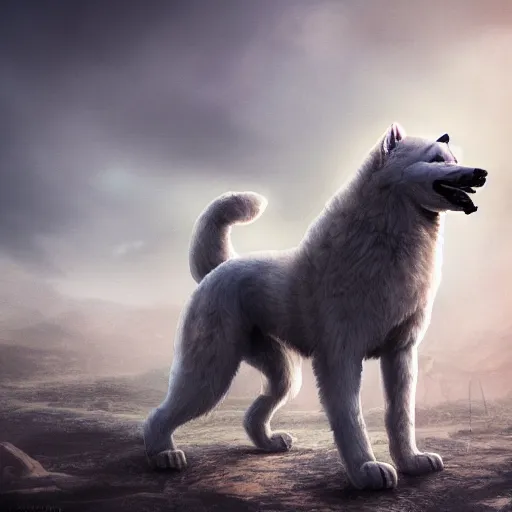 Prompt: a ginat statue of a samoyed in an eldritch apocalyptic landscape covered in monstrosities by bekinski, fantasy art, 4k, HDR, photorealistic, 8k, trending on artstation