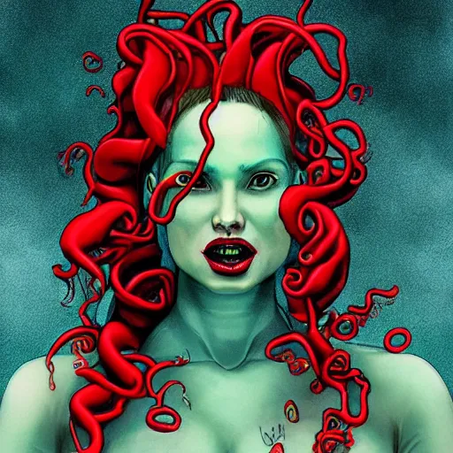 Image similar to highly photorealistic expired fuji film portrait of woman with long tentacled red tongue combined with stranger creatures, in the style of frank bairstow, artgerm, james cameron, marvel comics, ridley scott, cinematic lighting, imax quality, 8 k, award winning photography