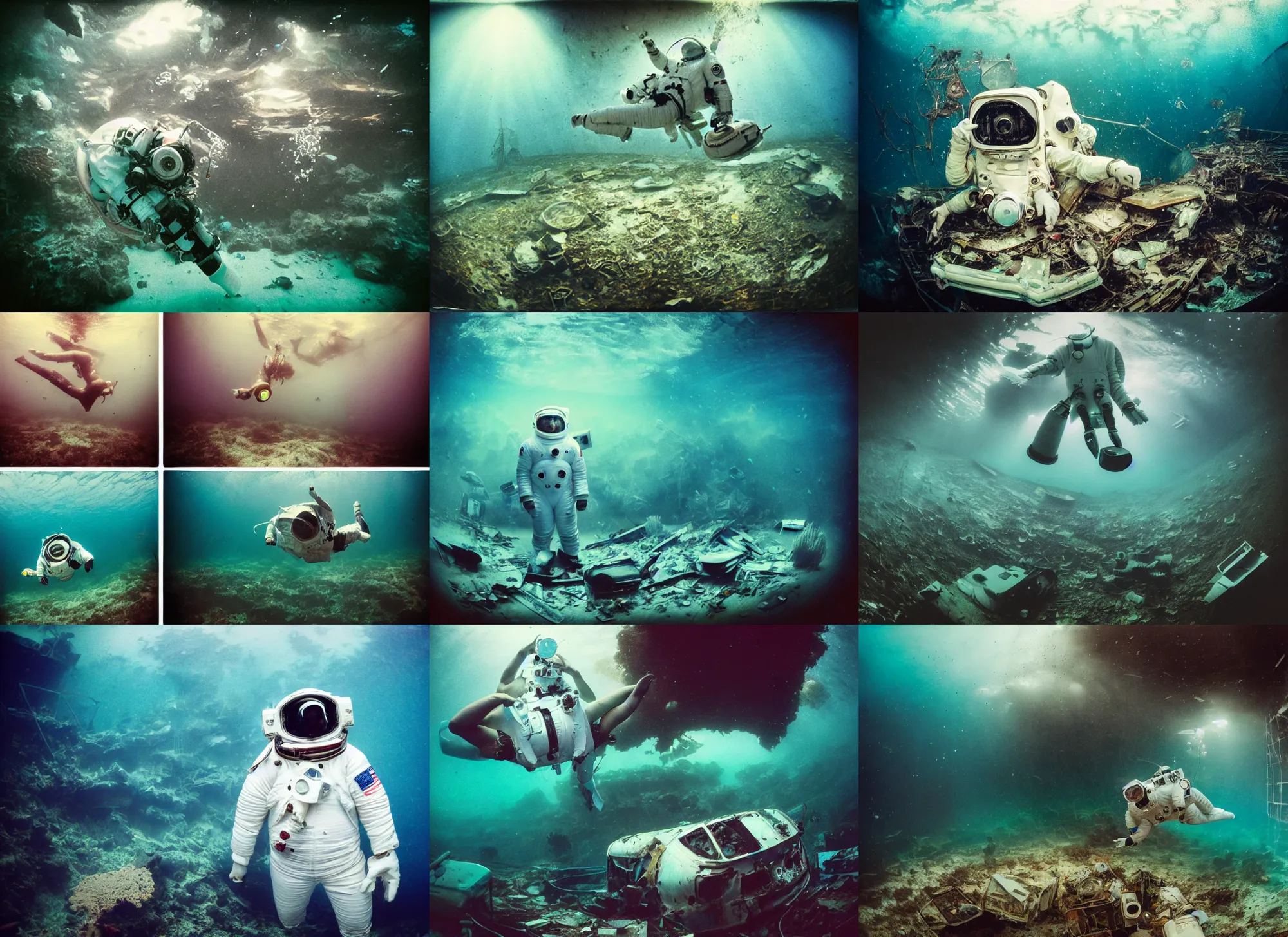 Prompt: underwater photographs of american white spacesuit chubby astronaut in postapocalyptic abandoned destroyed deep sea times square, wrecked buildings, destroyed flipped wrecked cars, underwater polaroid photo, vintage, neutral colors, underwater, by shawn heinrichs
