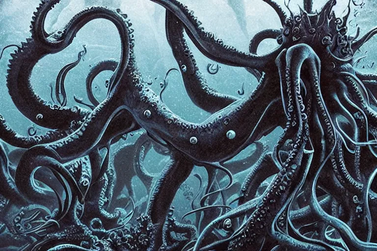 Prompt: old god eldritch horror terrifying the deep abyss of the ocean floor, epic scene, underwater photography, hyper - detailed, gigantic cthulhu, swarm of tentacles, dark art, digital art, epic composition