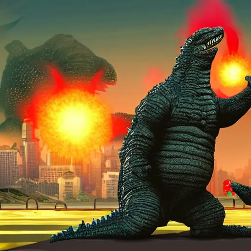 Prompt: Godzilla in the style of Subway Surfers
