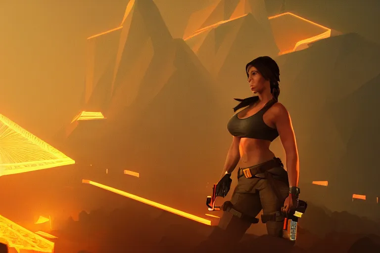 Image similar to wide ((wide)) photo of beautiful Lara croft (((dynamic neon lighting)) in geometric solar temple with glowing birds, elegant, highly detailed, sharp focus, illustration, beautiful, geometric, trending on artstation, battlefield, cinematic, artwork by Tran, Ross and Aivazovsky, Ivan