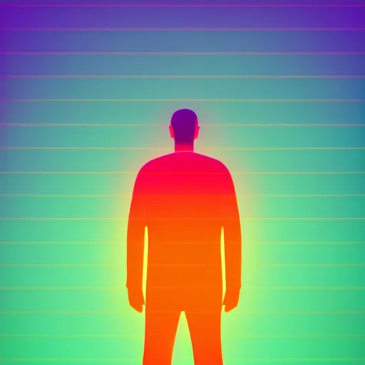 Image similar to a computer rendition by beeple, a small silhouette of a man standing in front of three : orange, green and cyan neon glowing vertical stripes, trending on artstation, 8 k resolution