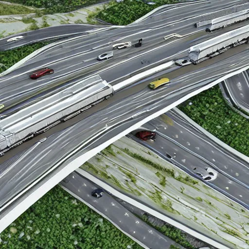 Prompt: multi layer highway interchange, grid lock traffic, infinite freeway,