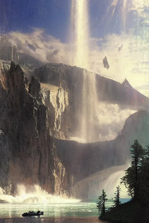 Image similar to a huge spacecraft hovers over lake in canadian rockies, waterfalls, cascades, beautiful day, by john berkey, albert bierstadt, ruan jia, lawrence alma tadema, zdzislaw beksinski, carl spitzweg, everett raymond kinstler, norman rockwell, jack kirby, tom lovell, greg staples