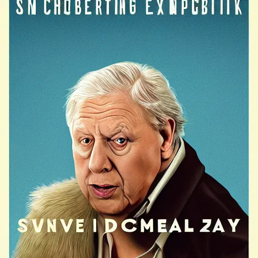 Image similar to movie poster for a movie where Sir David Attenborough discovers Bigfoot