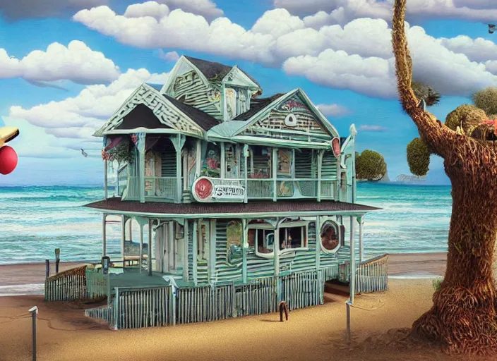 Prompt: australian beach house town, lowbrow, matte painting, 3 - d highly detailed, in the style of mark ryden,