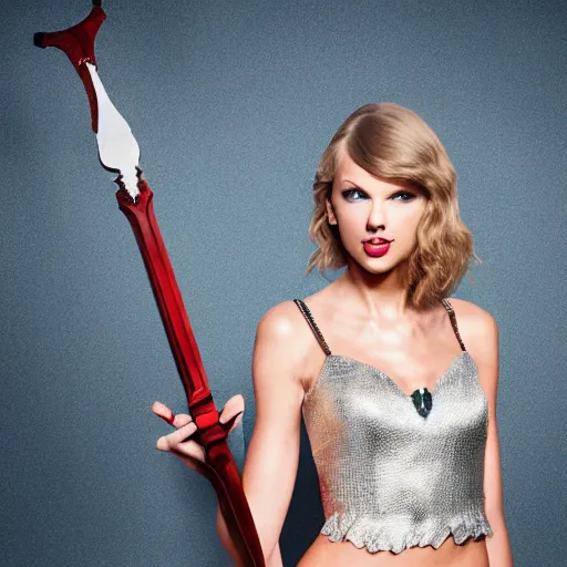 Prompt: taylor swift posing holding an elven sword, high quality studio photograph