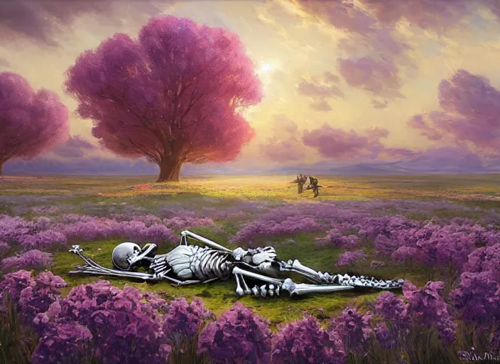 Image similar to a knight's skeleton killed long ago lays in a vast flower field in the cosmic sky by vladimir volegov and alexander averin and peder mørk mønsted and adrian smith and raphael lacoste