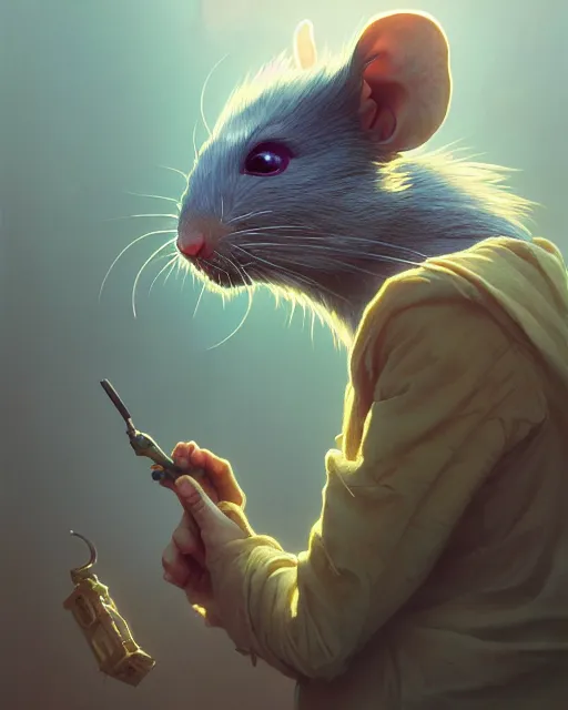 Image similar to highly detailed vfx portrait of a rat, unreal engine, greg rutkowski, loish, rhads, beeple, makoto shinkai and lois van baarle, ilya kuvshinov, rossdraws, tom bagshaw, alphonse mucha, global illumination, detailed and intricate environment